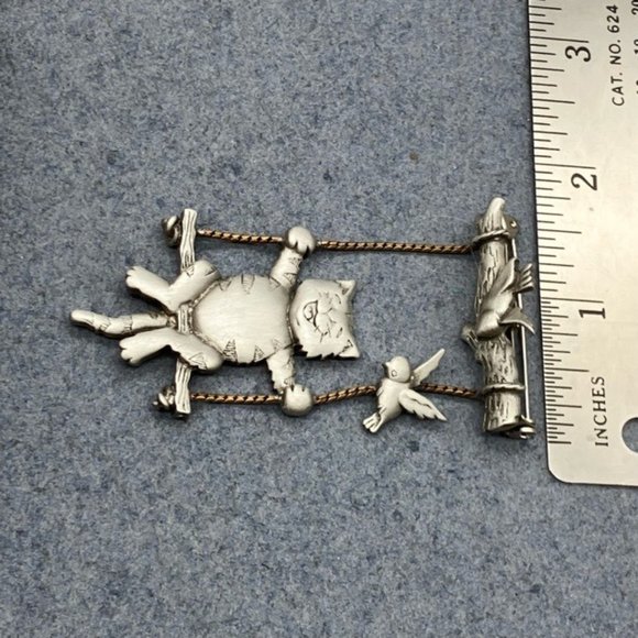 JJ Jonette Jewelry Brooch Pin Cat Bird Swing Silver Pewter Gold Signed Vintage